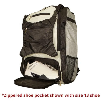 Baseball Backpack with Cleat Pocket | Large Capacity | 19.5" T x 14" W x 7.5" D | Holds 4 Bats | External Helmet Storage - color: Black / Gray