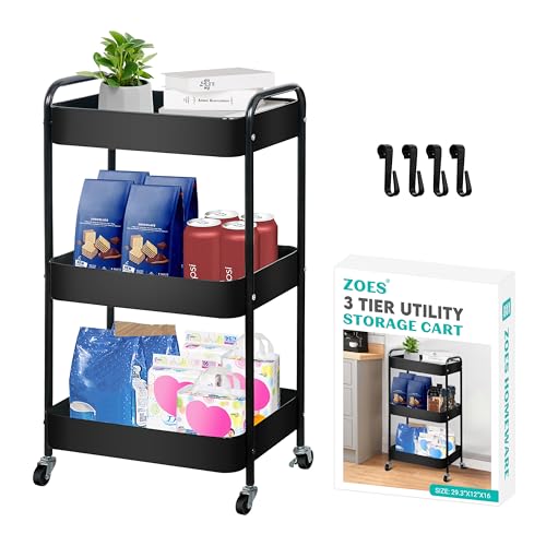 ZOES HOMEWARE 3 Tier Rolling Cart, Metal Utility Cart with 4 Hooks, Rolling Storage Cart on Wheels, Small Organizer Cart for Nursery, Kitchen, Living Room, Bathroom, Black - color: Black
