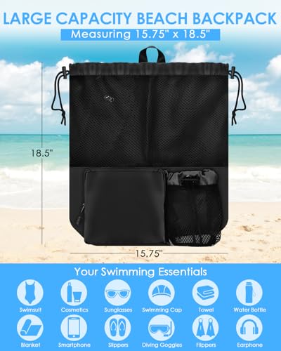 BROTOU Swim Bag Beach Backpack with Wet Pocket Mesh Drawstring Bags for Swimming, Gym - color: Black