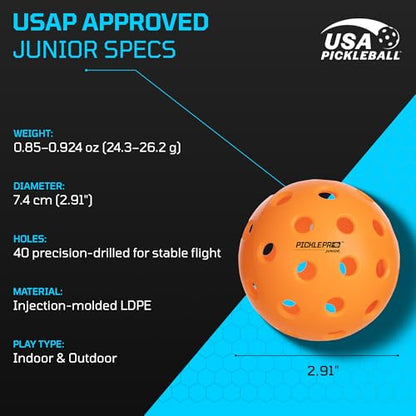 PicklePro Junior Outdoor & Indoor Pickleball Balls for Beginners – Lightweight LDPE 40-Hole Design for Stable Flight, Durable Construction for Training and Youth Play, USAPA Compliant