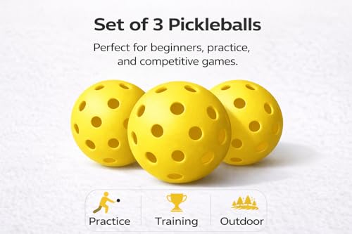 Pickleball Outdoor Yellow Balls Durable Plastic Pickleballs with Precision Holes for Consistent Bounce High Visibility Balls for Practice Training & Competitive Pickleball - Set of 3