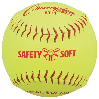 Champion Sports Safety Softballs – Pack of 12 Balls - Soft Rubber Core - Synthetic Leather - Optic Yellow in 11" & 12" Sizes - size: 11"