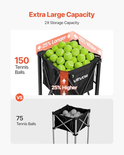 VEVOR Tennis & Pickleball Hopper Holds 200/175/150/120 Balls, 3-in-1 Tennis Foldable Pickleball Basket Cart for Easy Installation, Storage Bag for Tennis Training & Teaching - style: 150 Balls