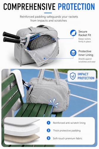 Pickleball,Tennis Racket Bag,Gym Bag for Women,Man. Quilted, Holds 2 Rackets with Shoe Compartment. Sport Bag for Gym, Court, Travel Duffle Bag - color: Light Grey