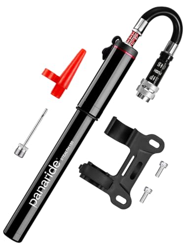 Mini Bike Pump with Pressure Gauge, Compact High-Pressure Hand Pump with Retractable Flexible Hose, Presta & Schrader Compatible, Includes Frame Mount Bracket, Ball Needle & Inflatable Adapter