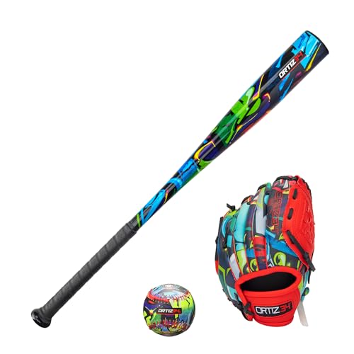 Ortiz34 Youth T-Ball Set, 25” Signature Aluminum T-Ball Bat with -10 Drop, Foam Core T-Ball, 9” Lightweight Youth Glove, Vibrant Graffiti Print - color: Red/Blue