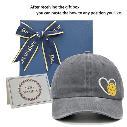 Pickleball Hat with Gift Box, Pickleball Gifts for Women Men, Adjustable Embroidered Heart Baseball Cap - color: Grey