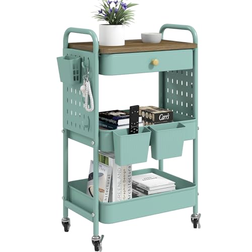 danpinera 3 Tier Rolling Cart, Metal Utility Cart with Wooden Table Top & DIY Pegboard, Rolling Carts with Drawer, Storage Cart Craft Cart with Hooks & Hanging Cups for Kitchen, Bathroom, Office - color: Green, size: with pegboards