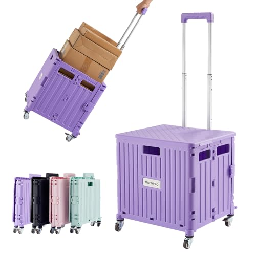 Foldable Utility Cart Folding Portable Rolling Crate Handcart with Durable Heavy Duty Plastic Telescoping Handle Collapsible 4 Rotate Wheels for Travel Shopping Moving Luggage Office Use (Purple) - color: Purple