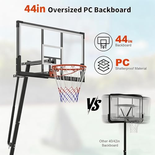 Basketball Hoop Outdoor 33/44/48 Inch Shatterproof PC Backboard, 4.92-10FT Stepless Adjustable Height, Portable Basketball Hoop with Wheels for Backyard, Driveway and Court - size: 44 Inch Backboard