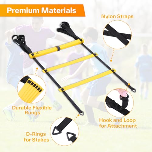 Sportneer Agility Ladder Speed Training Set 12 Rungs 20ft Detachable Exercise Ladders in 2pcs (6 rungs Each) with Ground Stakes for Soccer Football Footwork Training Ladder with Carry Bag - color: Yellow