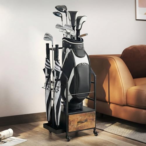 Golf Bag Organizer Rack with Wheels, Golf Storage Organizer for Garage,Golf Stand & Accessories,Brown Garage Organizer Fit Single Golf Bags