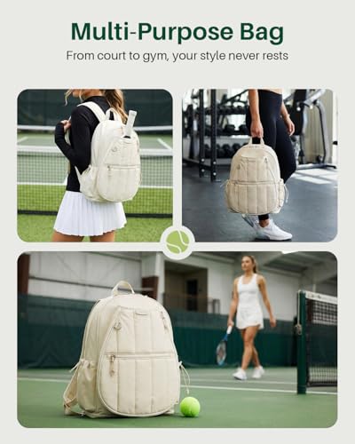 Quilted Tennis Gym Backpack for women Tennis Bag Holds 2 Rackets with Top Panel & Ventilated Shoe Compartment Sports Duffle Bags with Wet Pocket & Fence Hook - color: Beige