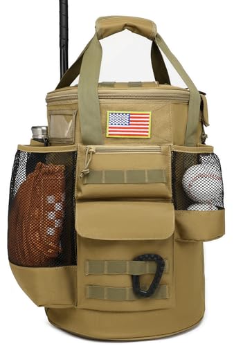 Baseball Bucket Bag 6 Gallon Tactical Baseball Coaches Bag Softball Bucket Cover Organizer with Padded Seat for Balls, Bat, Gloves, Scoreboards - color: Brown