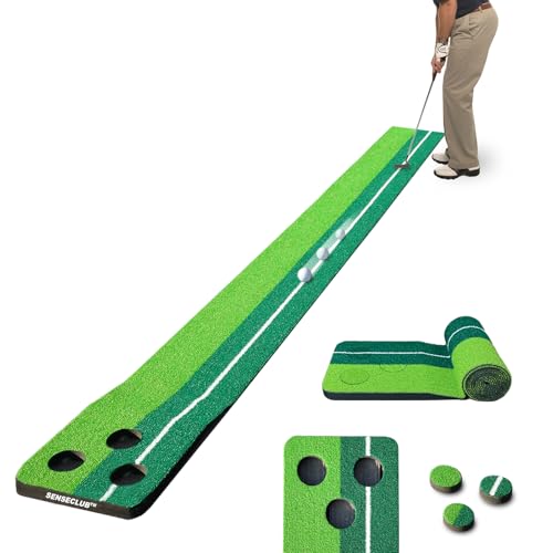 SENSECLUB Indoor Putting Green, Foldable Putting Mat Golf Game Set, Golf Gifts for Men with Ball-Collect System - style: Green 3 caps