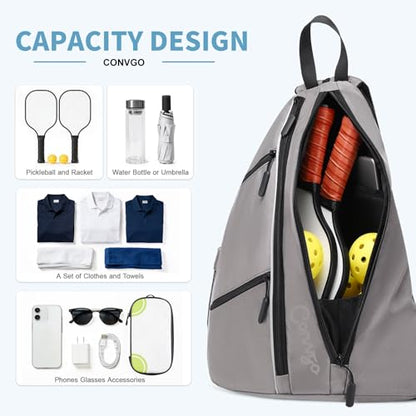 Pickleball Bag for Women and Men, Adjustable Pickle Ball Backpack, 2 in 1 Sports Sling Bag for Pickleball Paddles - color: Grey
