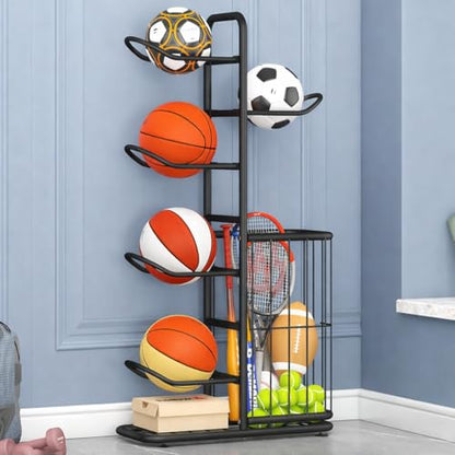 Multi-Function Sports Equipment Storage Racks - Adjustable and Durable Solutions for Organizing Balls, Toys, and Gear Indoors, in Garages, or Outdoors (5-tier-black-with Basket) - style: 5-tier-black-with Basket