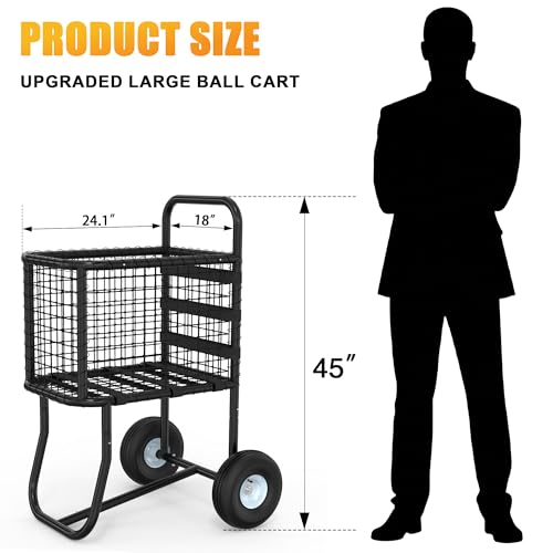 Baseball Cart with 10" Wheels - Large Capacity Ball Holder for Batting Cage & BP, Portable Softball Caddy Holds 300 Baseballs/150 Softballs, Heavy Duty Storage with Anti-Sag Strap (Black)