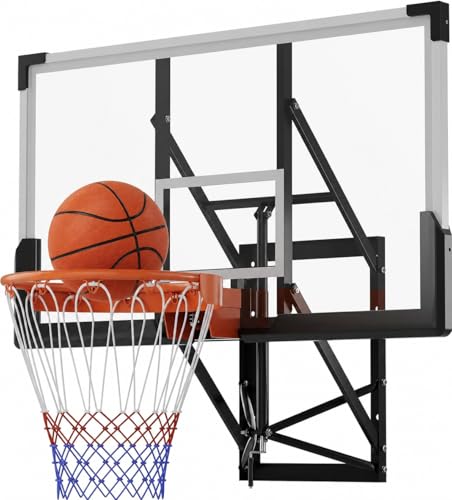 48 Inch Wall Mounted Basketball Hoop, Shatterproof Backboard with Rim, Adjustable Height Hand Crank Goal, Indoor & Outdoor with Adjustable Height, Classic Basketball Court, Teens, Adults, Schools, Pa