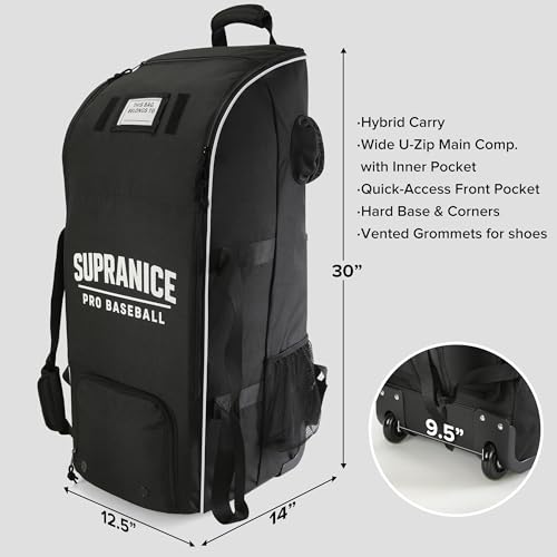 Catchers Gear Bag with Wheels, Large Rolling Baseball Equipment Bag for Helmet, Bats, Cleats, Durable Polyester for Youth and Adults, Black