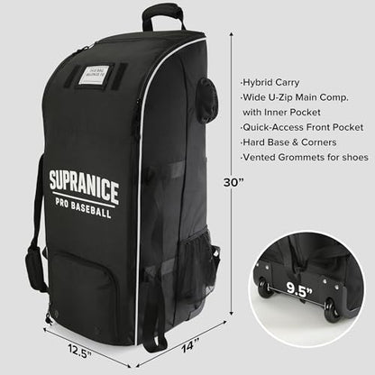 Catchers Gear Bag with Wheels, Large Rolling Baseball Equipment Bag for Helmet, Bats, Cleats, Durable Polyester for Youth and Adults, Black