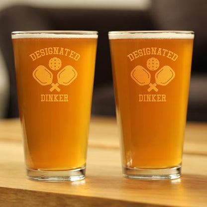 Bevvee Designated Dinker - Pint Glass for Beer - Funny Pickleball Themed Decor and Gifts - Set of 2-16 oz Glasses - style: Set of 2