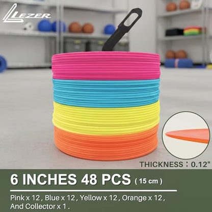 LEZER 6 Inch 8 Inch Flat Cones, Spot Markers, Soccer Cones, Field Court Markers, Sit Spots, Flat Discs, Soccer Training Equipment, Agility Practice, Football, Made in Taiwan - style: 6 inch with 48 pcs