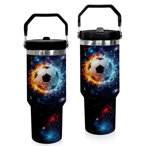 30 oz Tumbler with Handle Flip Straw Leak Proof - Soccer Cup 30oz Tumbler Travel Coffee Mug with Handle - Birthday Gifts for Women Men Soccer Lovers Fans 30 Ounce Stainless Steel Cup - color: Soccer Gifts