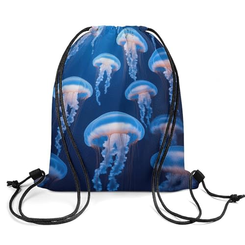Lightweight Drawstring Sackpack Sports Backpack Waterproof for Gym Travel Hiking Men Women Durable Polyester, Under Sea Ocean Jellyfish Blue Bags - color: Picture (1020)