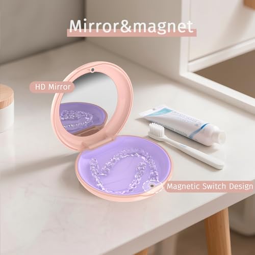 2Pack Retainer Case with Mirror, Compatible with Invisalign, Orthodontic Aligner Case with Removal Tool and Brush, Pink - color: 2 Pack - PinkMirror