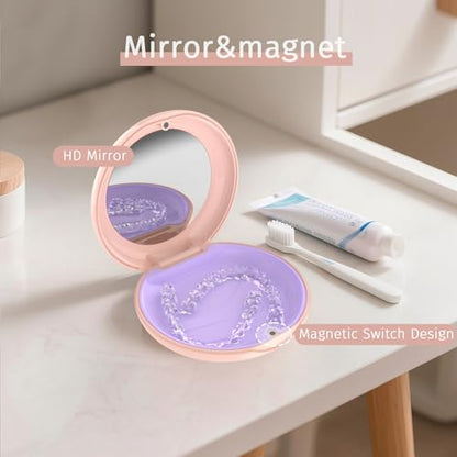 2Pack Retainer Case with Mirror, Compatible with Invisalign, Orthodontic Aligner Case with Removal Tool and Brush, Pink - color: 2 Pack - PinkMirror