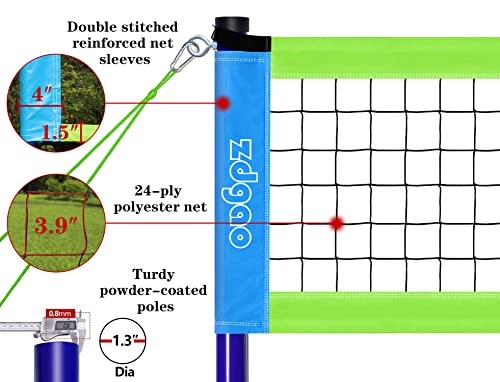 Outdoor Portable Volleyball Net System - Adjustable Height Poles with Soft Volleyball Ball, Pump, Hammer, Boundary Line, and Carry Bag for Backyard, Beach, Lawn