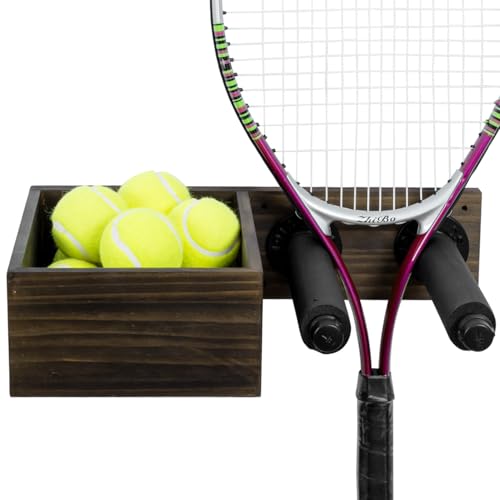 MyGift Wall Mounted Tennis Equipment Organizer Rack, Ping Pong Paddle Holder, Rustic Burnt Solid Wood Ball Storage Bin Basket and Industrial Black Metal Pipe Racket Hanging Holder