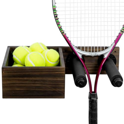 MyGift Wall Mounted Tennis Equipment Organizer Rack, Ping Pong Paddle Holder, Rustic Burnt Solid Wood Ball Storage Bin Basket and Industrial Black Metal Pipe Racket Hanging Holder