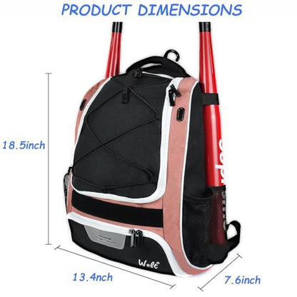 WOLT Youth Baseball Bag - Bat Backpack for Baseball, T-Ball & Softball Equipment & Gear, Bat & Glove Holder, Large Main Compartment for Helmet & accessories, Separate Shoes Compartment, Fence Hook - color: Lightpink
