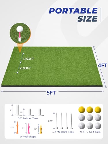 Golf Hitting Mat 5×4ft, Thickened 21/31/36mm Golf Practice Mat for Indoor Outdoor, Top-Notch Artificial Turf Driving Matt with 9 PU Balls+3 Rubber Tee+7 Tee