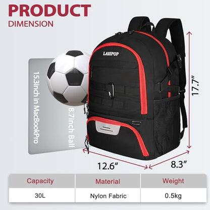 LARIPOP Soccer Backpack with Ball Holder & Shoe Compartment Large Capacity Youth Sports Bag for Training - color: Red