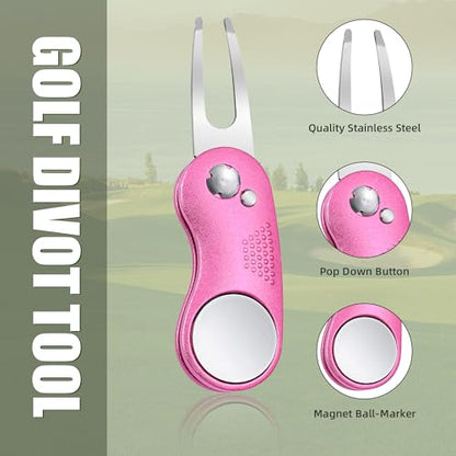 Mile High Life Golf Divot Repair Tool, All Metal Foldable Divot Tool with Pop-up Button & Magnetic Ball Marker - color: Pink Curve