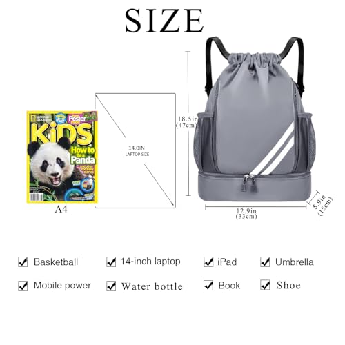 Drawstring Soccer Backpack with Shoe Compartment - Gym Bag for Basketball, Volleyball and Football - Water Resistant Nylon Sports Cinch Sack for Men Women