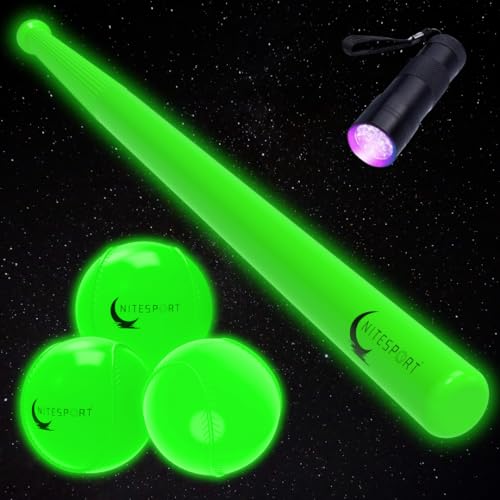 Glow in The Dark Plastic Baseball Bat w/ 3 Glow in The Dark Plastic Baseballs Bundle UV Flashlight Included (Electric Lime)