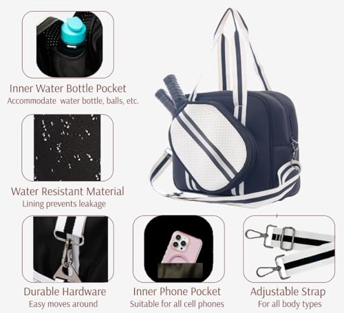 Pickleball Sports Tote Bag with Racket Holder, Neoprene, Adjustable Shoulder Strap - color: Black