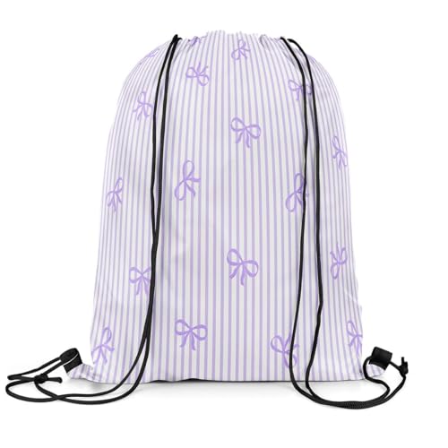 Castle Fairy Bow Drawstring Gym Bag,Purple Bowknot Stripes Foldable Waterproof Drawstring Backpack,Sweet Princess Style Draw String Back Bags for Shopping,Swimming,Beach - color: Purple