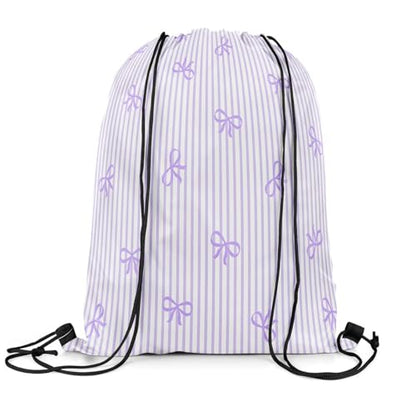 Castle Fairy Bow Drawstring Gym Bag,Purple Bowknot Stripes Foldable Waterproof Drawstring Backpack,Sweet Princess Style Draw String Back Bags for Shopping,Swimming,Beach - color: Purple
