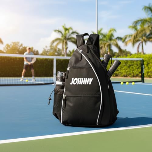 Personalized Pickleball Bag - Custom Paddle Backpack with Name or Logo, Crossbody Reversible Sling for Men & Women with Fence Hook and Water Bottle Holder