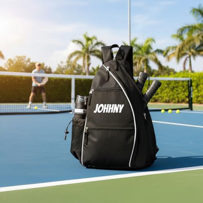 Personalized Pickleball Bag - Custom Paddle Backpack with Name or Logo, Crossbody Reversible Sling for Men & Women with Fence Hook and Water Bottle Holder - color: Black