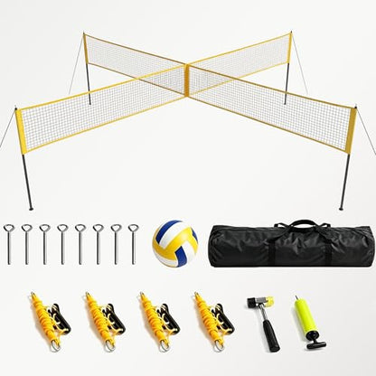 GarveeLife 4 Square Volleyball Game Set for Adults and Kids with Volleyball Net, Portable Cross Net with Carry Bag for Beach Lawn, Ideal for Family Fun Outdoor Games, Quick Assemble