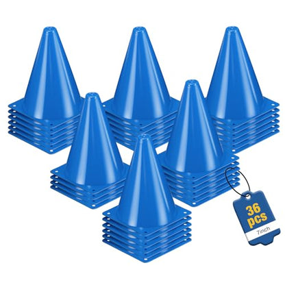36pcs Cones 7 Inch Soccer Cones and Plastic Traffic Cones, Durable Cones for Sports Training, Ideal for Soccer, Basketball, Football, Skating, and Agility Drills Practice - color: blue