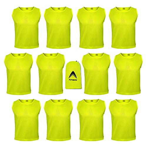 Athllete 12 pcs Duramesh Pinnies/Scrimmage Vest - Kids Youth and Adult Pinnies, Numbered Penny Jerseys for Soccer - color: Neon Yellow (Set of 12), size: Small