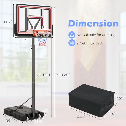 Goplus Basketball Hoop Outdoor, 7.4-10FT Quickly Height Adjustable Basketball Goal with 44 Inch Shatterproof PC Backboard, Wheels, Adults Basketball Stand for Court Backyard Driveway