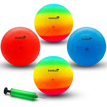 Four Square Balls, 8.5 Inch Playground Ball for Kids Outdoor Dodgeball Kickball Handball Game with Hand Pump - color: Blue (1 ball), Red (1 ball), Rainbow (2 balls)